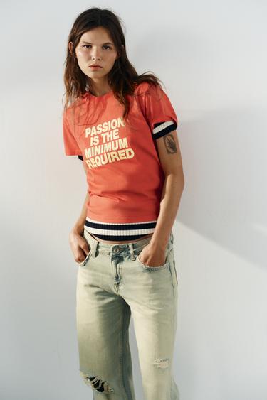 Zara WASHED EFFECT TEXT T-SHIRT - Red