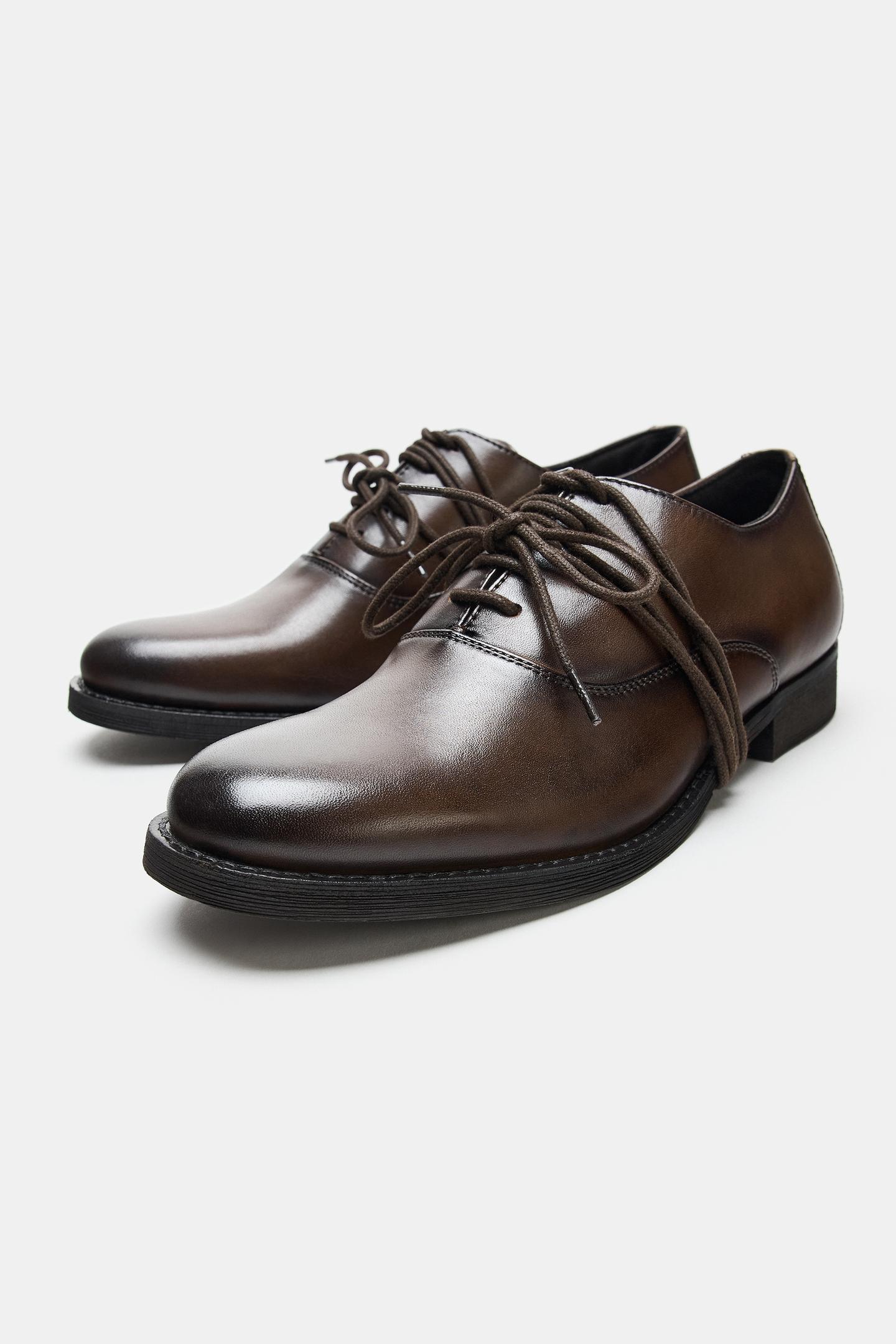 Женские туфли Zara Leather Lace-Up Blucher, цвет: Коричневый — фото 4