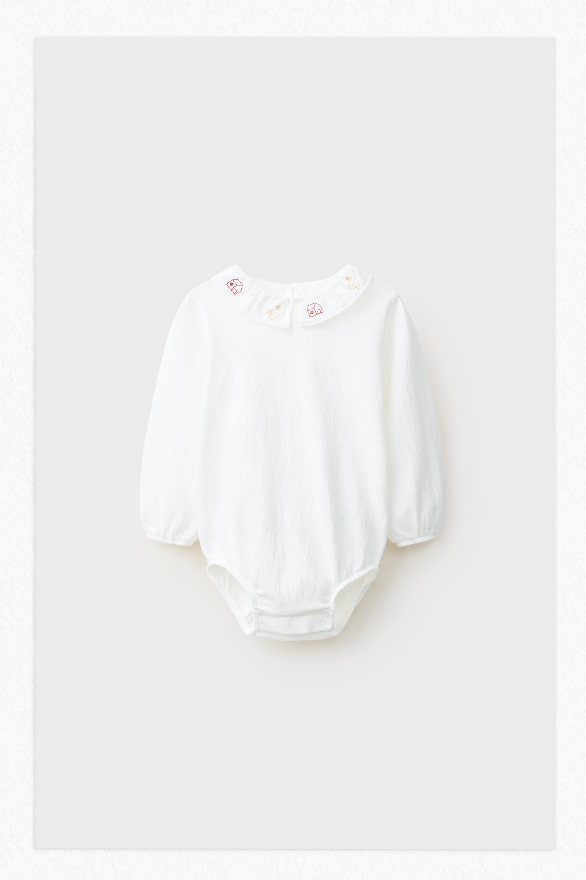 EMBROIDERED COLLAR BODYSUIT — Light ecru