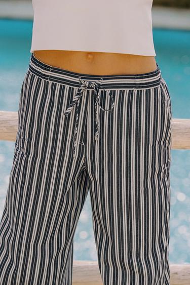 PANTALON LARGE RAYÉ - Blanc / Bleu marine de Zara - Image 4