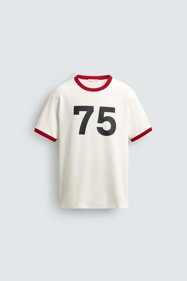 CONTRAST RIB NUMBER T-SHIRT - Ecru / Red by Zara