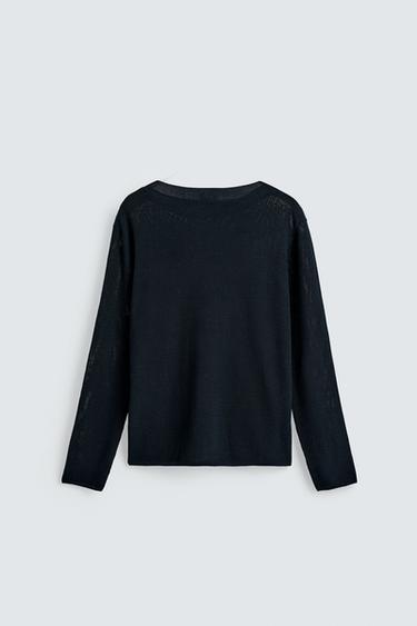 Zara MERCERIZED FINISH TEXTURED SWEATER - Navy blue