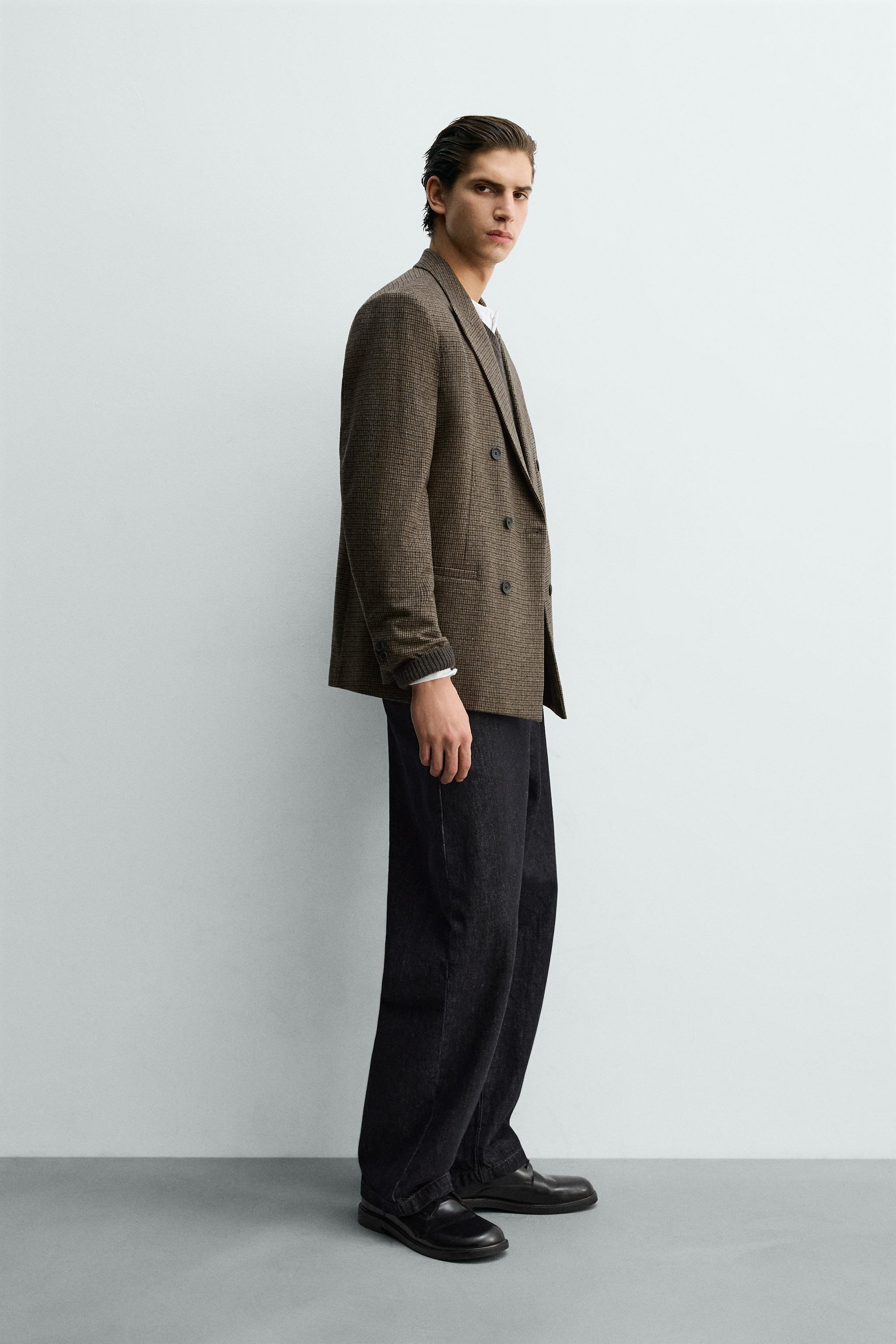 ウール混チェック柄ダブルブレストブレザー - ブラウン | ZARA Japan 