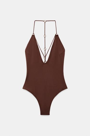 ОДНОТОННЫЙ КУПАЛЬНИК С ЛЮВЕРСАМИ — КОРИЧНЕВЫЙ от Zara