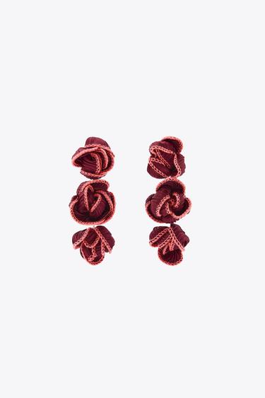 Zara CONTRAST FLORAL FABRIC EARRINGS - Wine