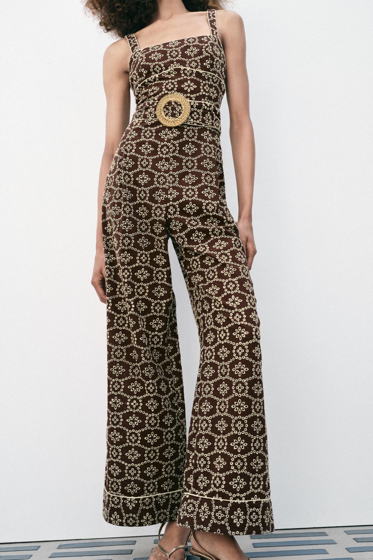 PERFORATED EMBROIDERED BELTED JUMPSUIT — Brown / Ecru
