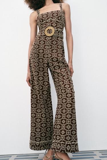 PERFORATED EMBROIDERED BELTED JUMPSUIT — Brown / Ecru 2