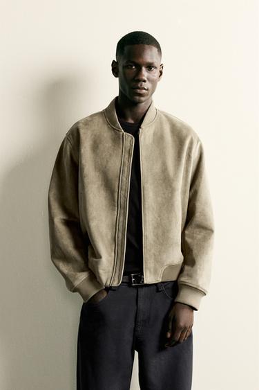 Zara FAUX SUEDE BOMBER JACKET - Olive Green