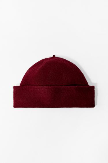 Zara 100% WOOL BEANIE WITH CUFF - Burgundy