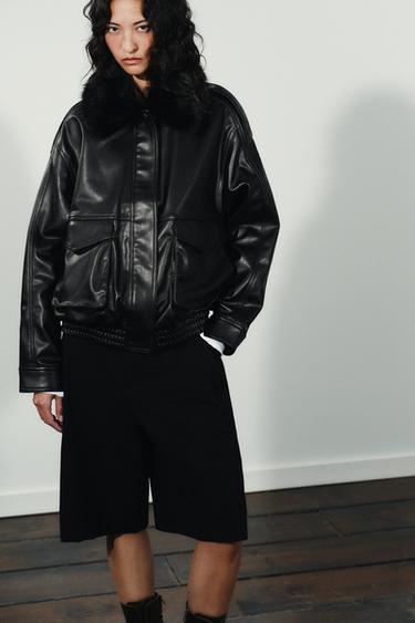 VESTE COL EFFET FOURRURE AMOVIBLE - Noir de Zara
