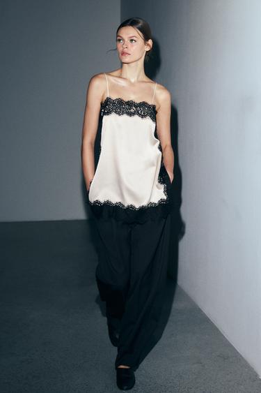 Zara SATIN EFFECT LACE TOP ZW COLLECTION - Black / White