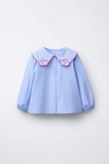 CAMISA RAYAS CUELLO CORAZONES - Azul de Zara