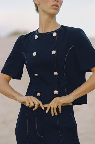 SHORT SLEEVE BLAZER WITH LINEN TOPSTITCHING - Navy blue by Zara