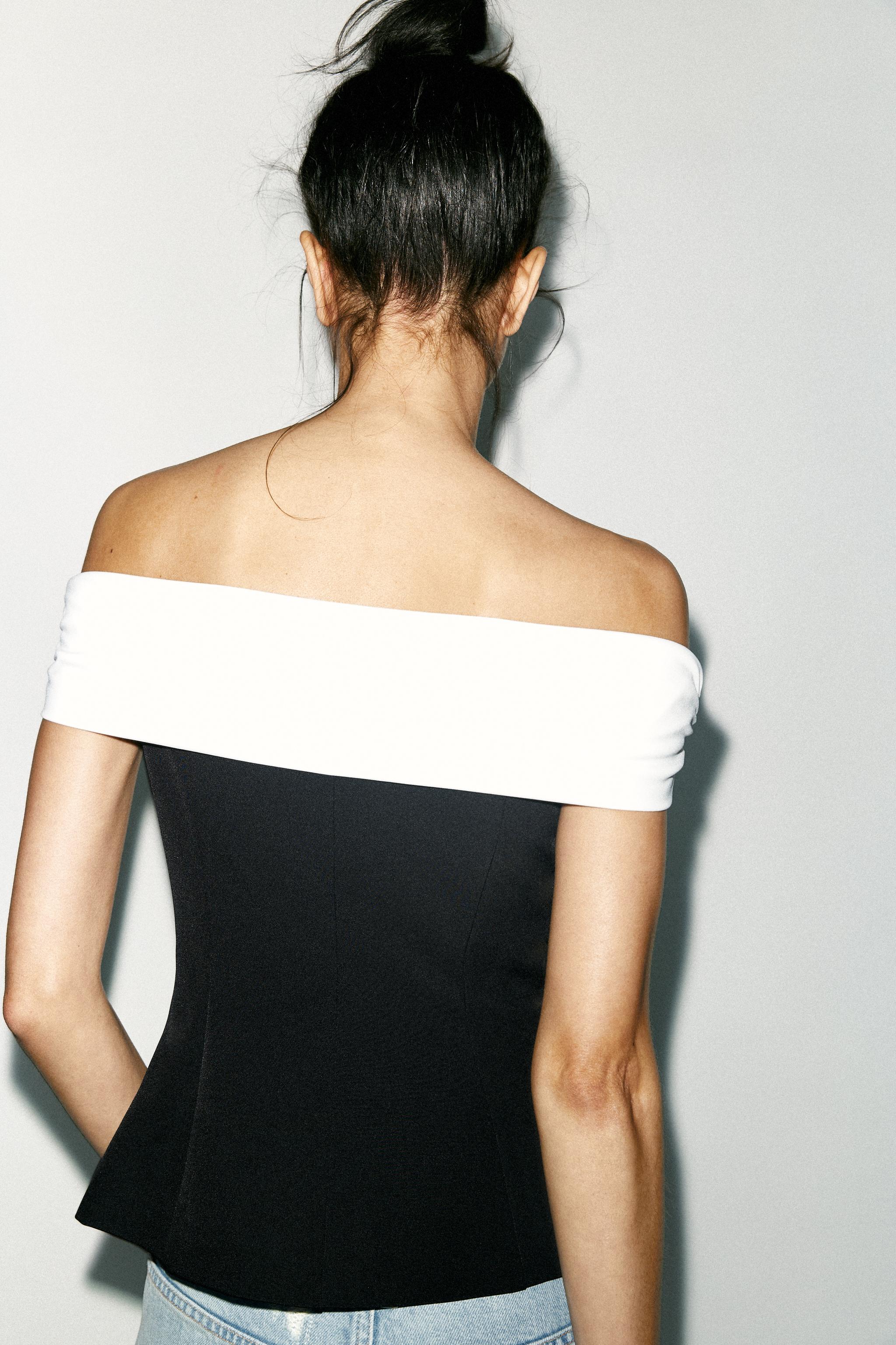 ☆人気☆【OPEN YY】☆EMBLEM OFF-SHOULDER TOP☆ OFF-THE-SHOULDER COMBINATION TOP - Black | ZARA United States