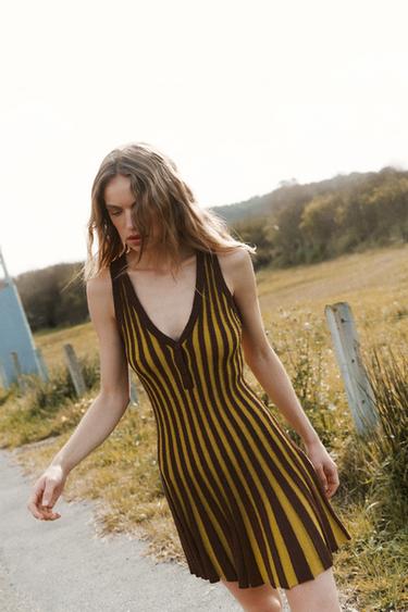 Zara STRIPED KNIT DRESS - Brown / Green - Image 0