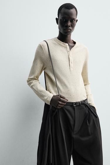 HENLEY RIBBED T-SHIRT - Ecru by Zara - Image 5