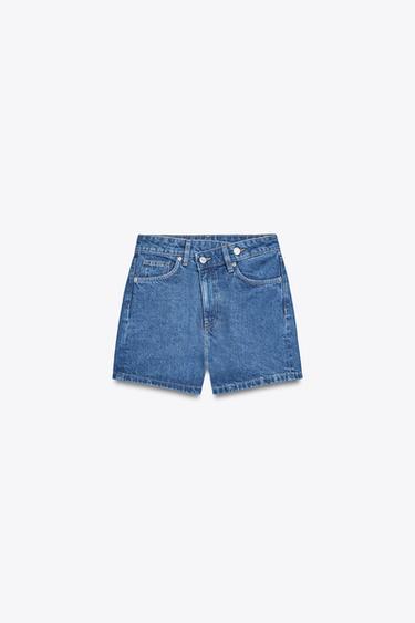 HIGH-WAIST CROSSOVER WAIST TRF MOM FIT DENIM BERMUDA SHORTS - Navy blue by Zara
