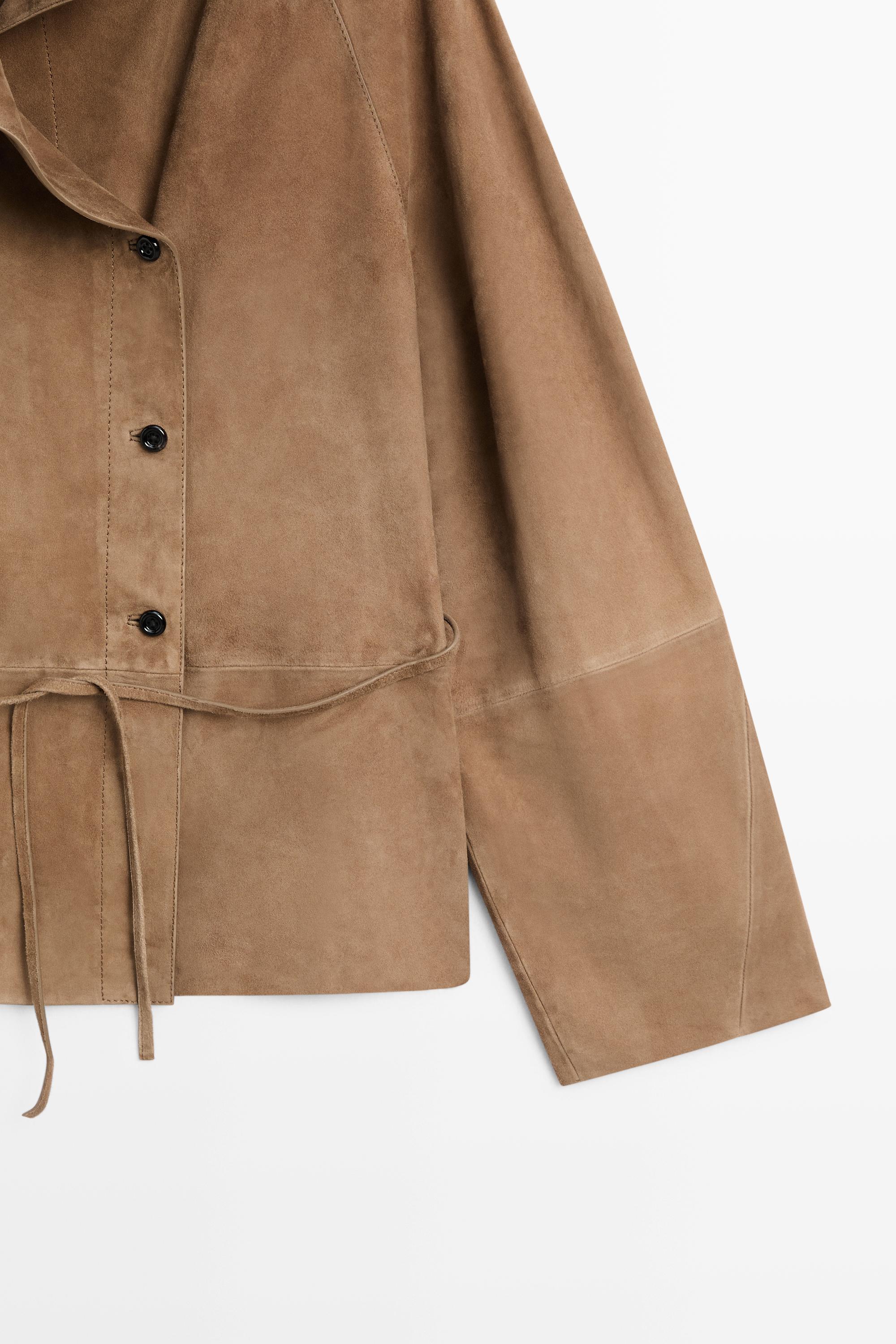 Suede leather jacket with drawstring