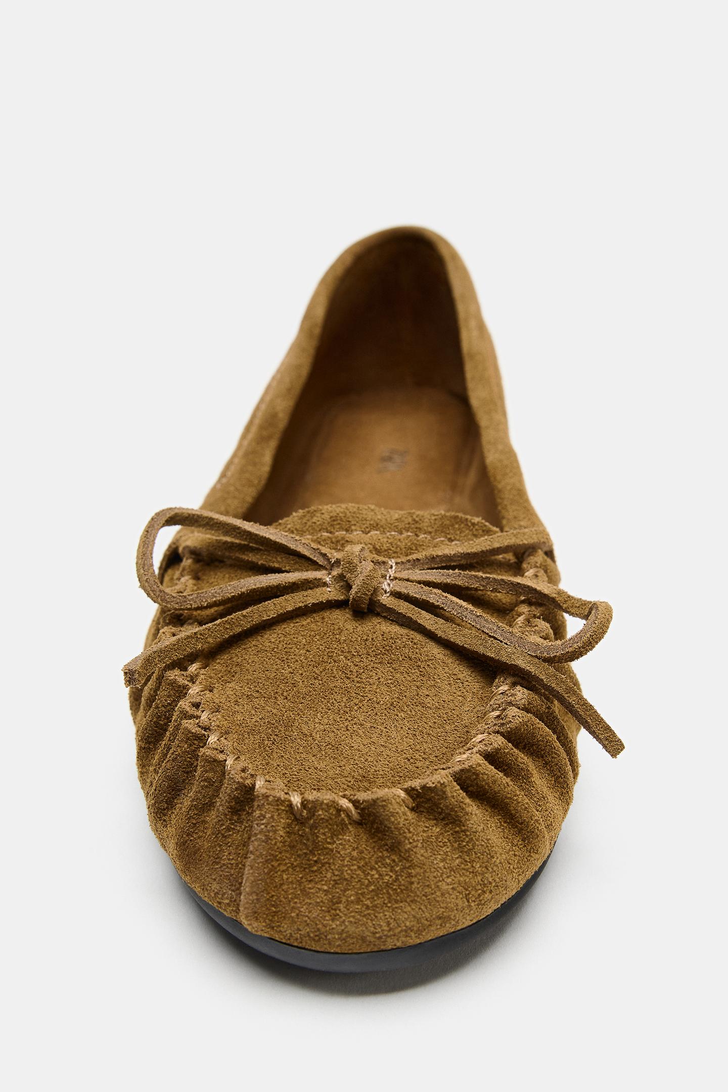 Мокасины Zara Suede Bow, цвет: Оливковый зелёный — фото 6