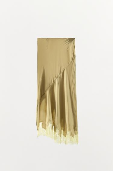 JUPE SATINÉE ASYMÉTRIQUE À DENTELLE - Kaki de Zara - Image 6