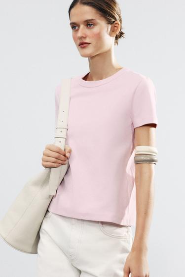 Zara INTERLOCK SHORT SLEEVE T-SHIRT - Pink / Lilac