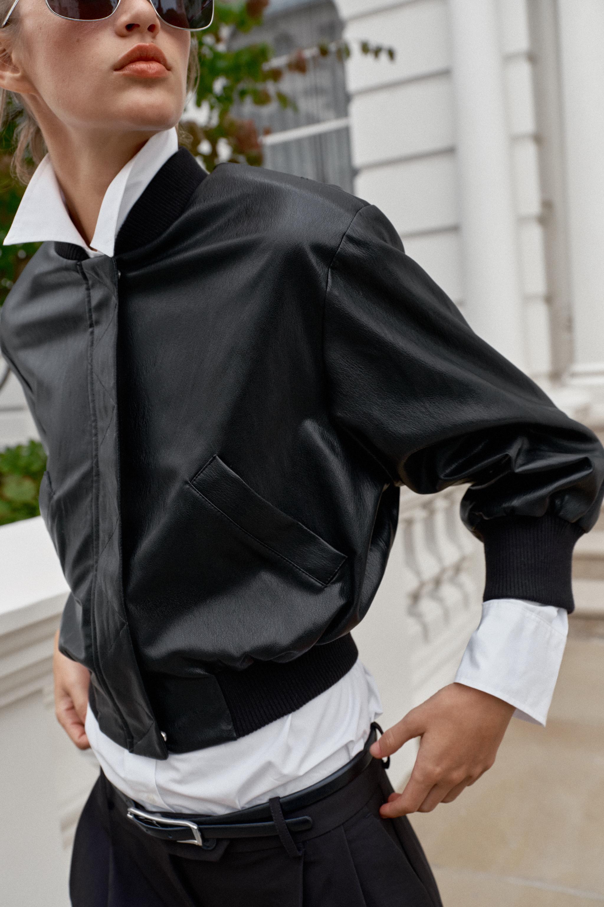 FAUX LEATHER BOMBER JACKET WITH SHOULDER PADS