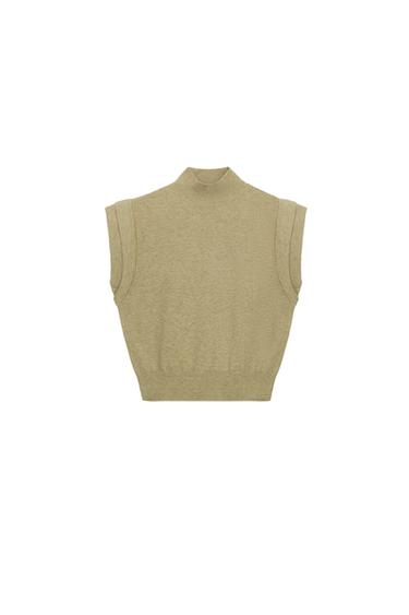 Zara POINTED SHOULDER KNIT TOP - Light khaki