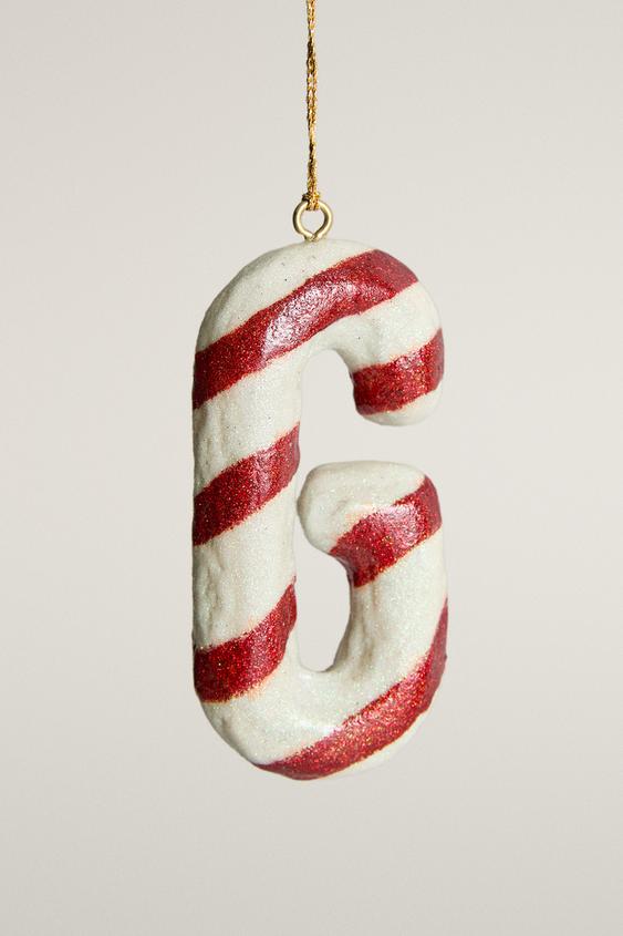 STRIPED CHRISTMAS TREE LETTER G ORNAMENT - White / Red by Zara - Image 0