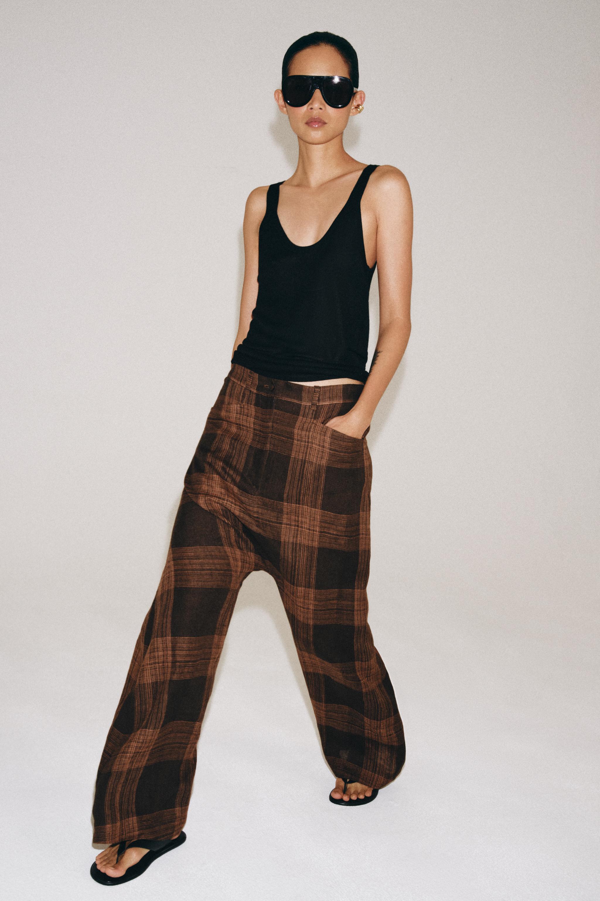 Zara ZW COLLECTION KARELİ KETEN PANTOLON görsel 6