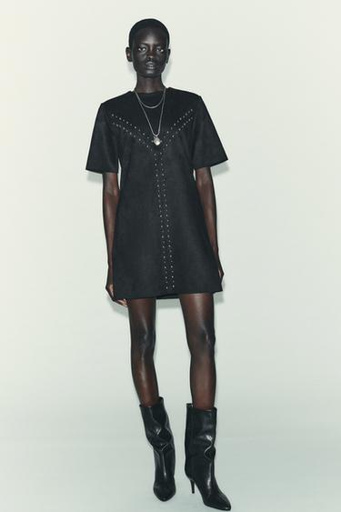 Zara FAUX SUEDE STUDDED DRESS - Black