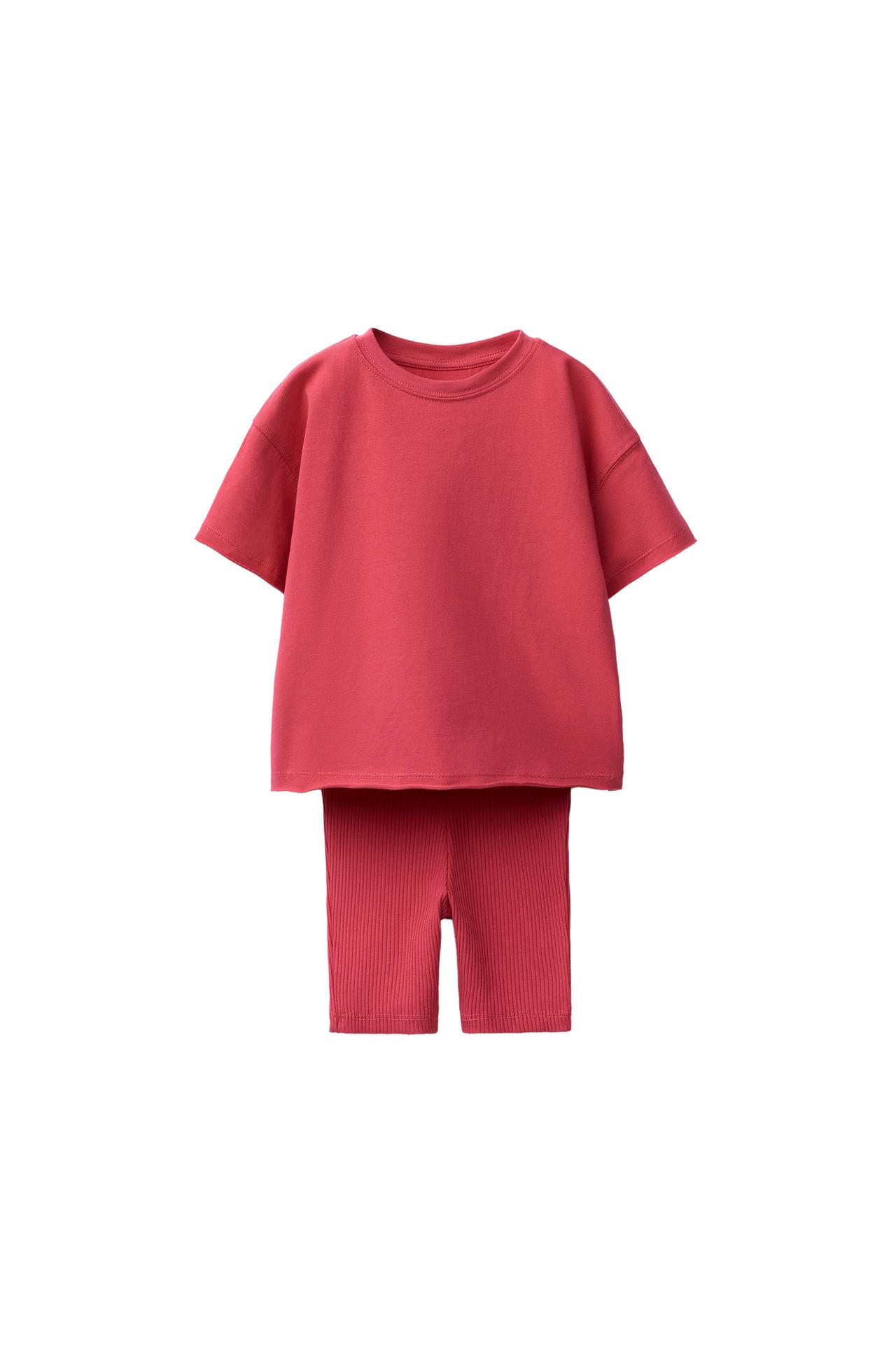 RIB CYCLING SHORTS AND T-SHIRT SET — Strawberry