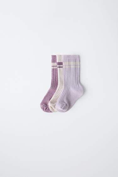 Zara THREE-PACK OF STRIPED LONG SOCKS - Purple marl