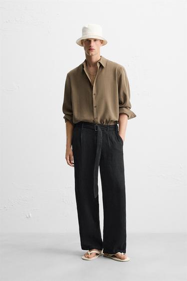 100% LINEN TROUSERS WITH BELT - Black by Zara