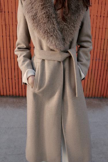 WOOL COAT WITH FAUX FUR LAPEL AND BELT - Light mink by Zara - Image 3