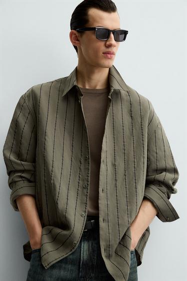 Zara MODAL BLEND STRIPED SHIRT - Khaki