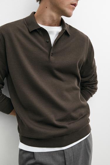 Pull polo en maille 100 % laine mérinos - Kaki foncé de Zara