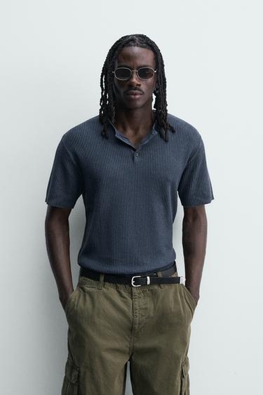 ウォッシュドニットヘンリーネックTシャツインディゴブルーZaraのウォッシュドニットヘンリーネックTシャツ - インディゴブルー 