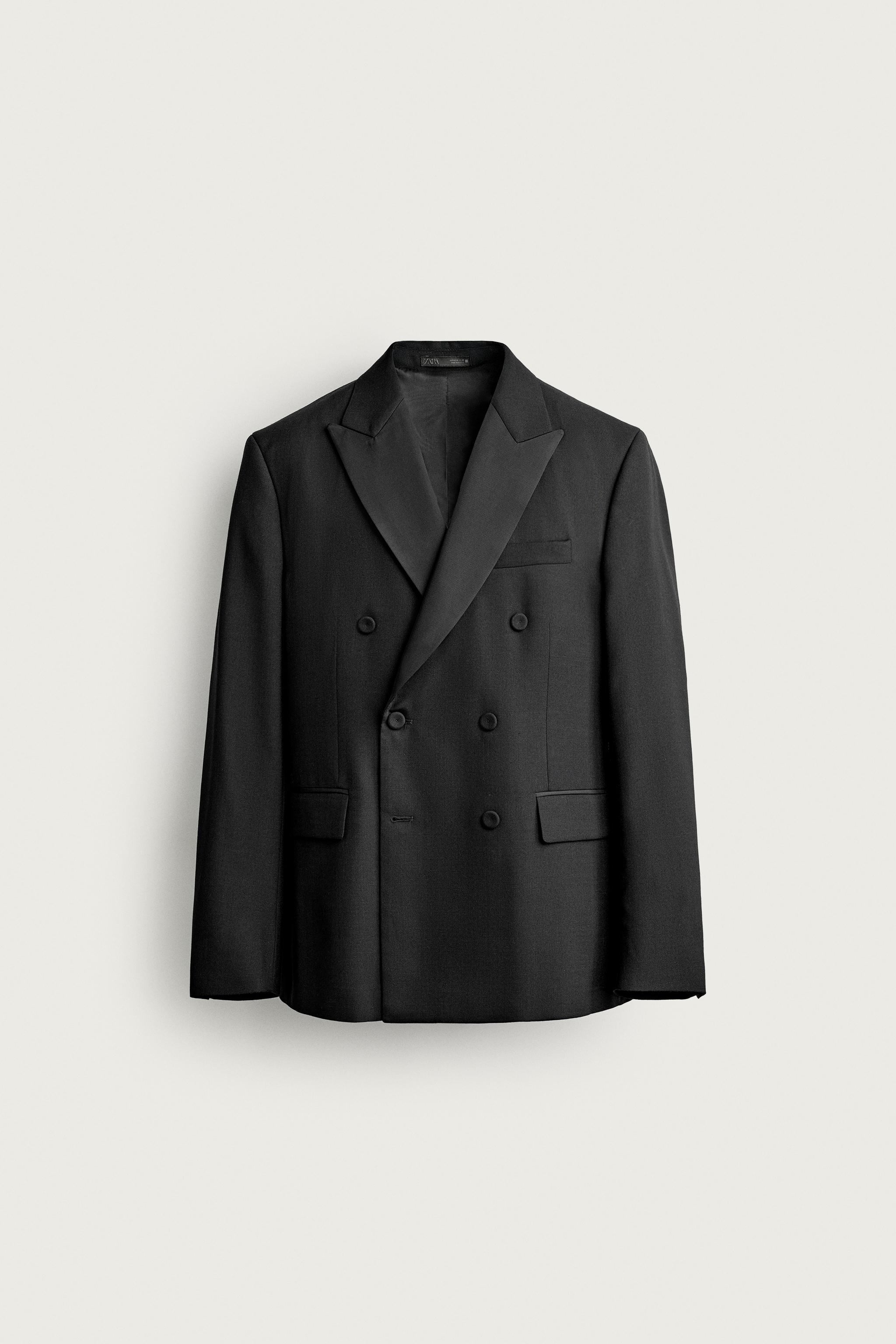DOUBLE-BREASTED TUXEDO BLAZER — Black