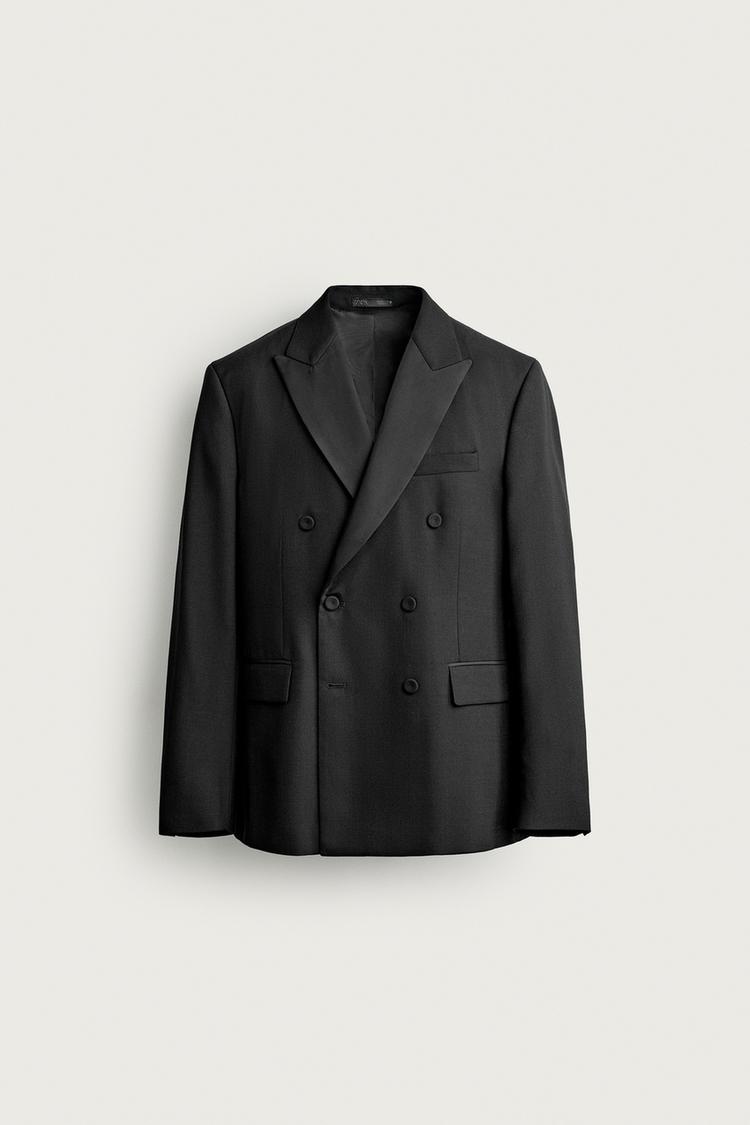 DOUBLE-BREASTED TUXEDO BLAZER — Black