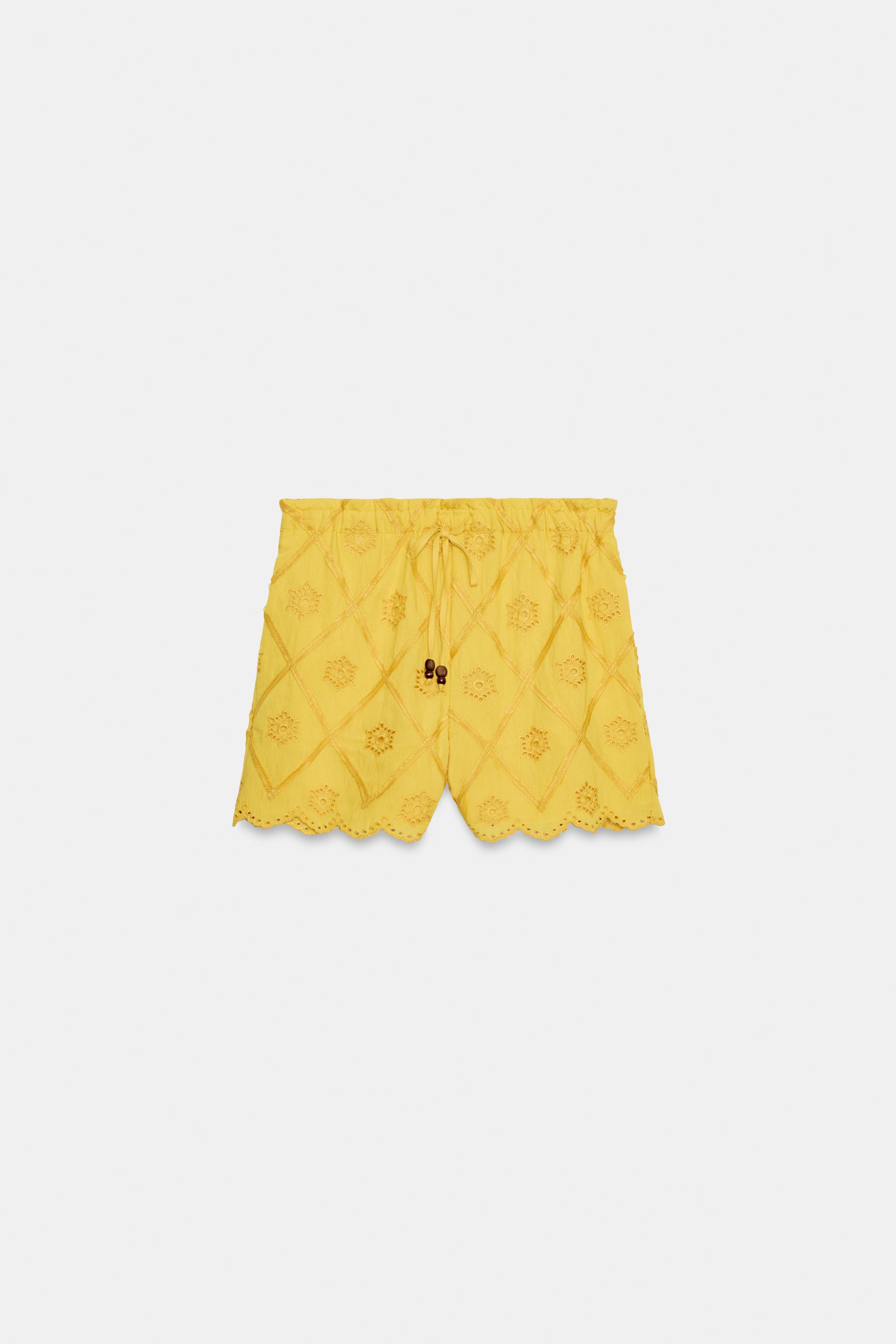 EMBROIDERED PERFORATED SHORTS - Mustard | ZARA United States