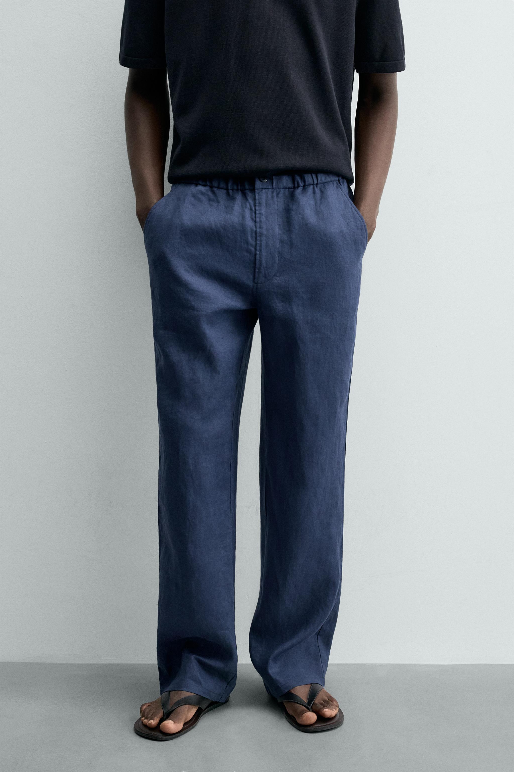 100% LINEN REGULAR FIT PANTS — Navy blue
