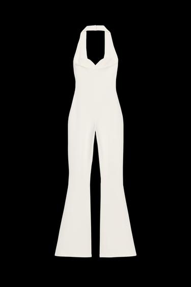 Zara INTERLOCK FLARE JUMPSUIT - Ecru