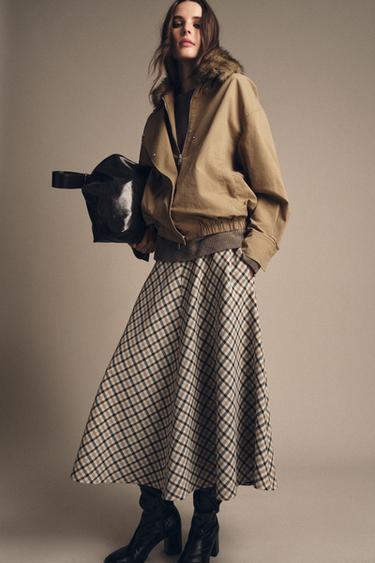 Zara ZW COLLECTION 毛領飛行員夾克 - 深駝色