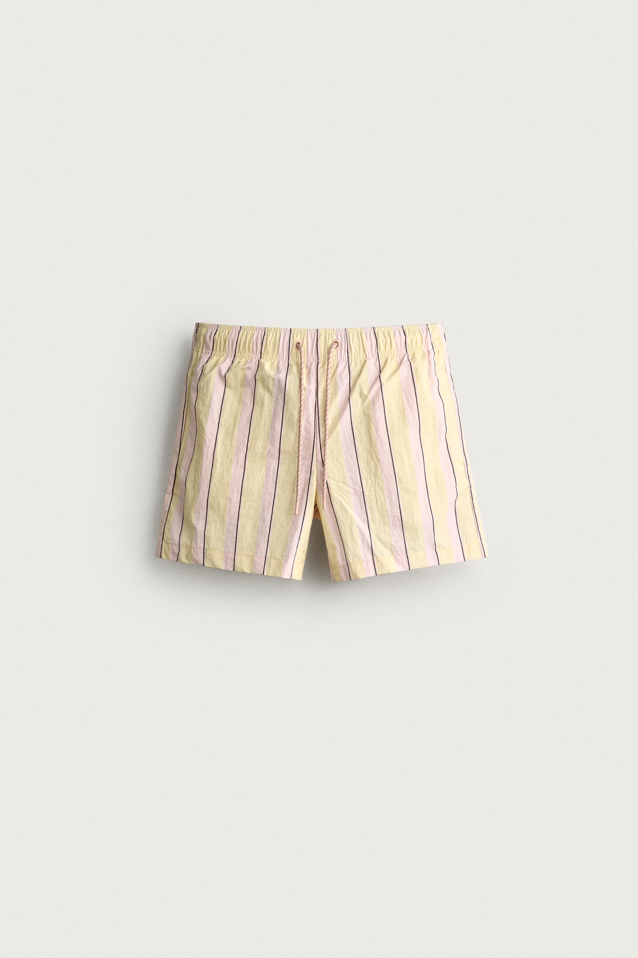 STRIPED MID-LENGTH SWIM TRUNKS — Multicolored
