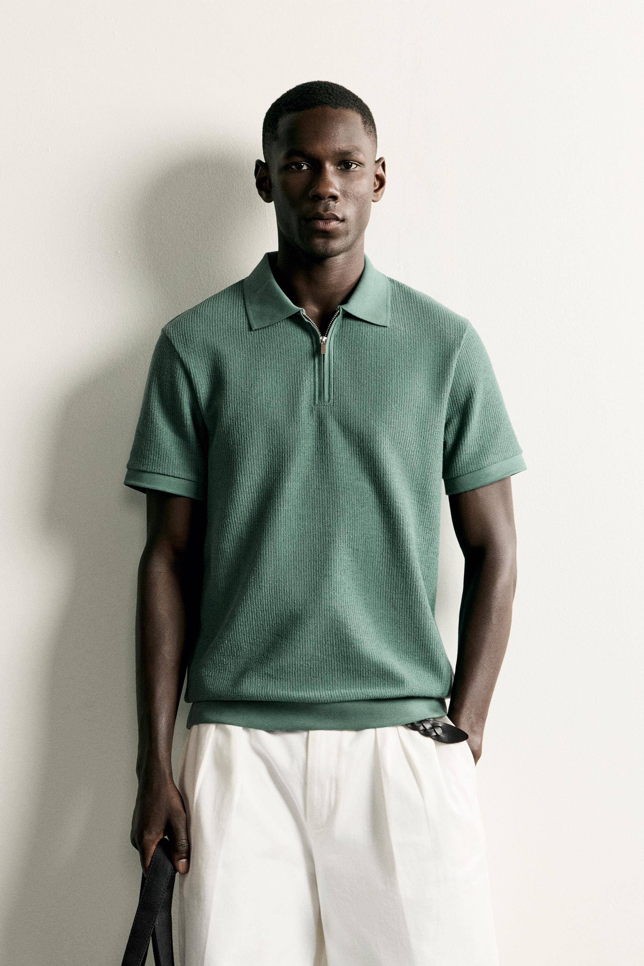 REGULAR FIT ZIP POLO SHIRT — Green
