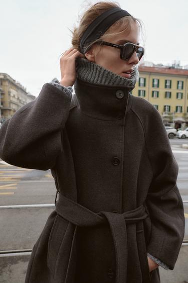 SOFT HIGH-NECK COAT WITH BELT - Brown by Zara