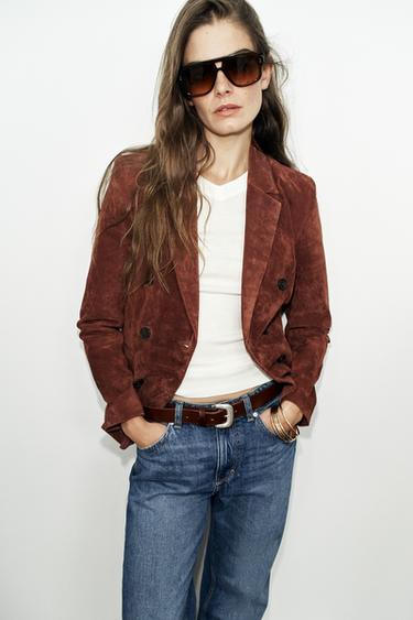 100% LEATHER TAILORED BLAZER - Brick by Zara
