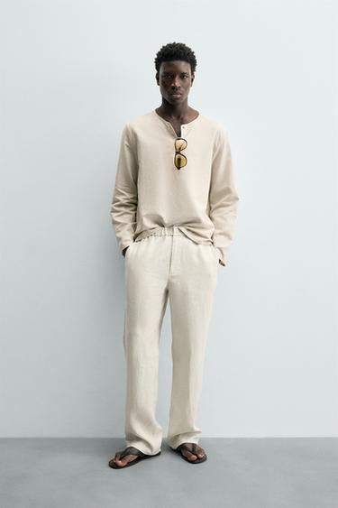 HEMP-COTTON HENLEY SHIRT - Sand by Zara - Image 0