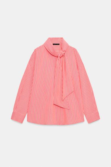 Zara TIED STRIPED SHIRT - Pink