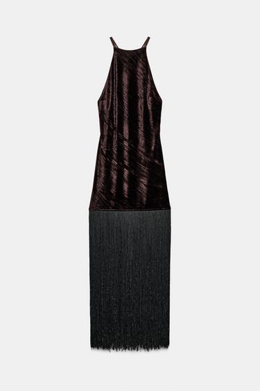 ROBE MI-LONGUE EN VELOURS À FRANGES - Marron de Zara - Image 8